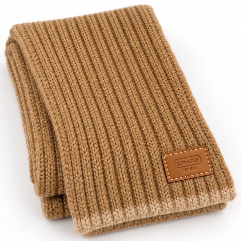 Coach Ribbed Knit Scarf Womens Camel Tan Leather Logo Patch Quiet Luxury Cozy
